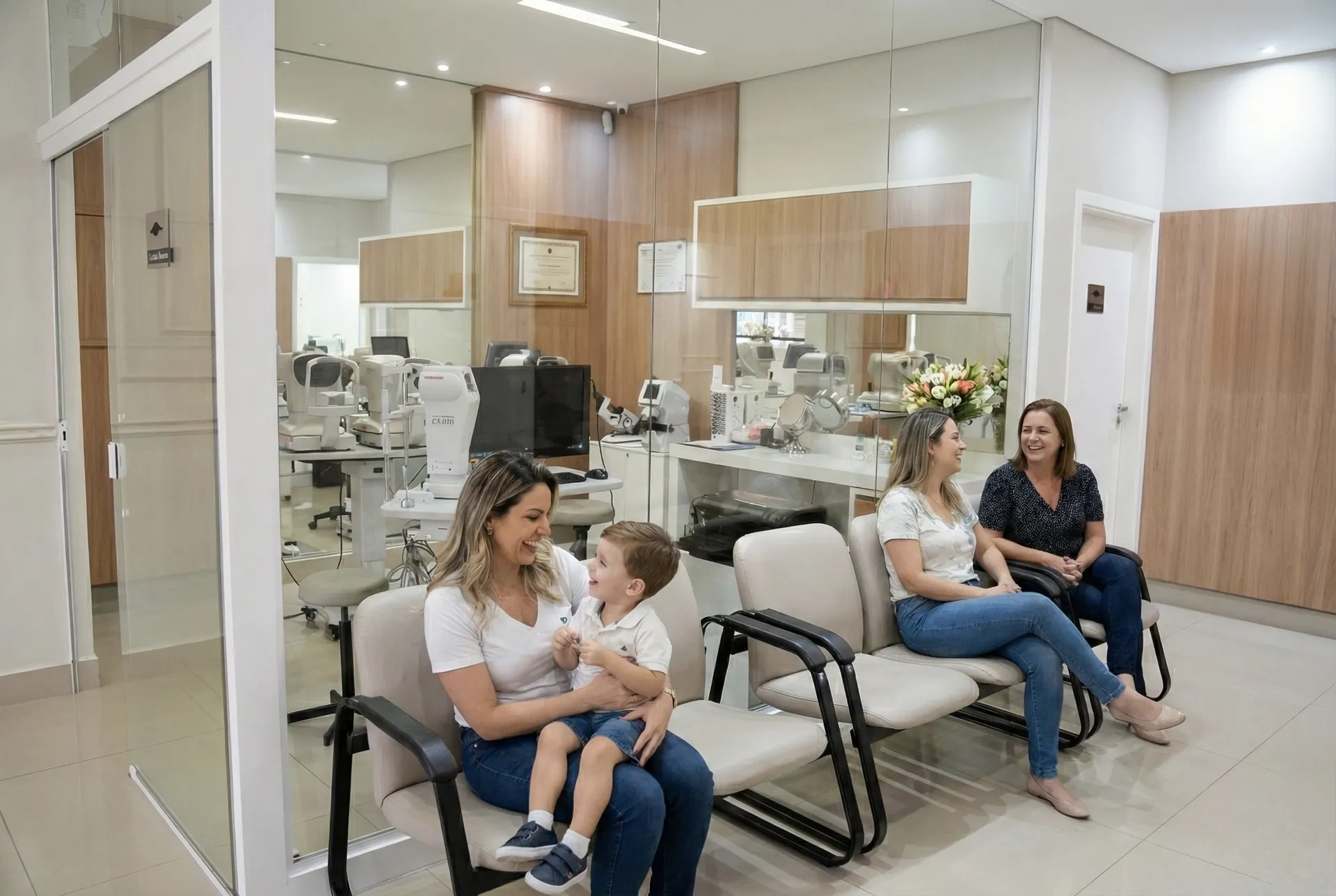 Sala de espera confortável para famílias na clínica oftalmológica